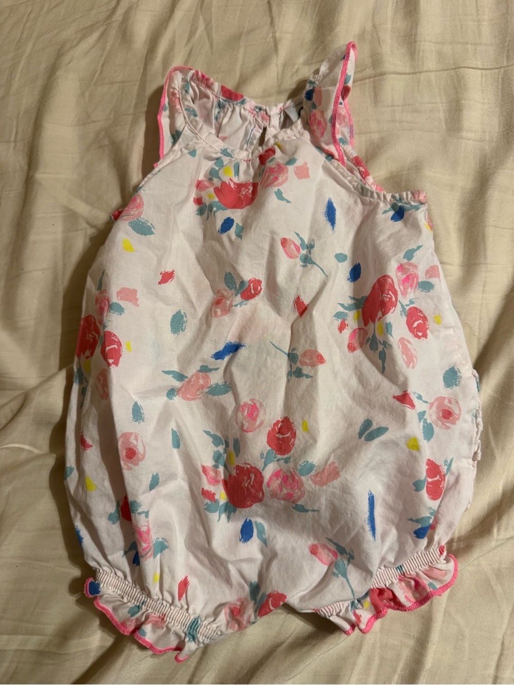 Petit Bateau White Romper with Pink Trim and Multicolor Floral Accents